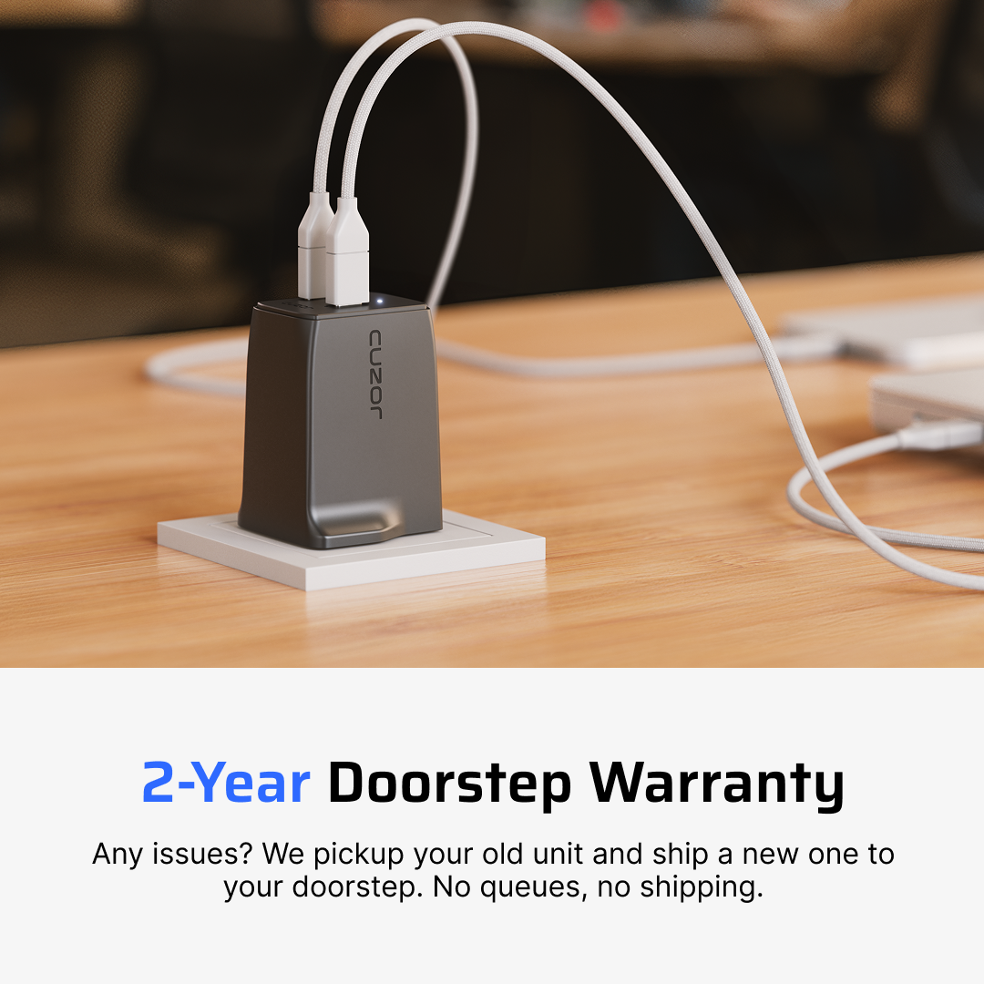 Cuzor Pulse 70W GaN Charger — 2-year doorstep warranty ad creative